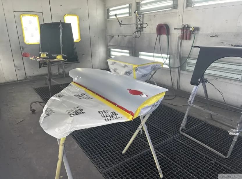 Painted panel drying in the booth.